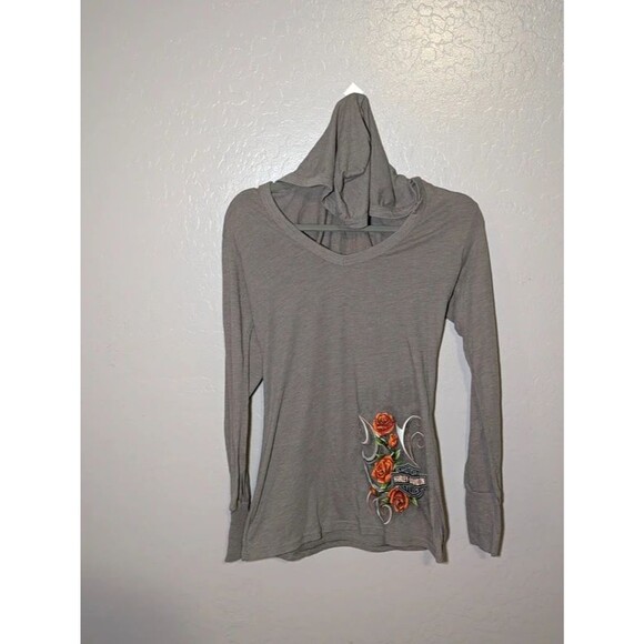 Harley-Davidson Tops - Harley Davidson Women’s M Gray Lightweight Hooded Shirt Roses Pomona Valley CA